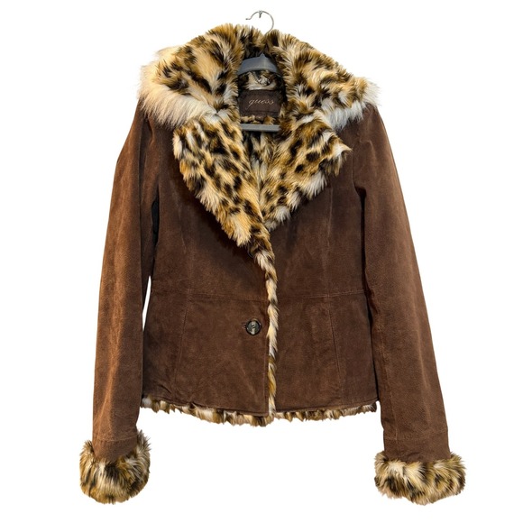 Guess Jackets & Blazers - Guess Suede Leather Jacket Y2K Women Medium Brown Leopard Faux Fur Vintage Style